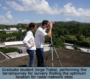 Graduate student Jorge Trabal, performing the terrainsurvey for survery finding the optimum location for radar-network sites